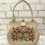 Vintage Beige Floral Needlepoint Clutch Handbag Photo 1
