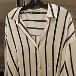 ZARA 💕💕 Satin Effect Oversized Top ~ Navy Blue and White Striped Print XL Photo 11
