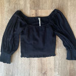 Anthropologie  Smocked Square Neck Puff Sleeve Top Black Textured Size Small  Photo 0