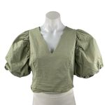 Endless Rose Women's Green Short Puff Sleeve Balloon V Neck Crop Blouse Top Sz L Photo 0