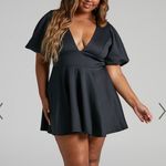 Showpo NWT . Margerie Plunge Puff Sleeve Fit & Flare Black Mini Dress Size 16 Photo 0