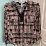 Rock & Republic Rock & Republic Womens XL Black Tan Plaid Lace Up V Neck Long Sleeve Blouse Photo 0