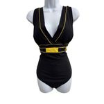 Croft & Barrow Croft Barrow Navy With Yellow Trim V Neck Sleeveless One Piece Swimsuit Photo 2
