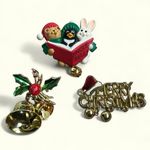 Vintage Rare bundle of Three holiday pins with bells, costume, Christmas, festiv Gold Photo 1