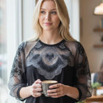 Free People NEW Toni Blouse Black Mesh Lace Trim Super Oversized Photo 0