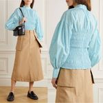 Ganni NWT Shirred Floral Organic Cotton Blend Poplin Blouse Puff Sleeve Blue Photo 1