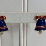 Blue Red Enamel Bell Earrings Red Bows 3/4" Photo 0