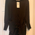 ZARA  Mini Shirt Dress Ruched Long Sleeve Black Button Down Size M‎ Photo 0