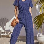 Blue Polkadot Vneck Jumpsuit Size L Photo 2
