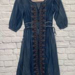 Keer Qiaowa Bohemian Cross Stitch Button Down Denim Knee Length Dress Blue Photo 3