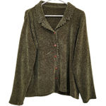 Green Chenille Scalloped Trim Collared Button Up Cardigan Sweater Y2K Large Photo 0