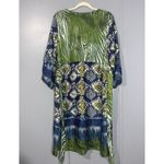 Avenue  Green & Blue Floral Satin V Neck 3/4 Sleeve Tie Back Knee Length Dress 20 Photo 3