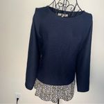 Loft NWT  Navy blue sweater with floral print on the bottom size M bohemian wint Photo 4