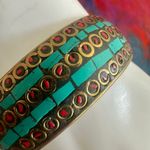 Vintage Brass Turquoise & Red Inlay Mosaic Bangle Bracelet Photo 4