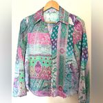 ZARA Satin Blouse - Sz XS - Pastel Patchwork print - Bell Sleeve - Top Photo 1