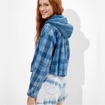 American Eagle Womens Cropped Flannel Button Down Sz XL Hooded Distressed Photo 1