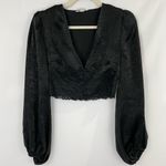 Bar III New  Lace Hem V-Neck Balloon Sleeve Crop Top Cropped Blouse Black Size XS Photo 2