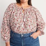 Old Navy Puff Sleeve Floral Smocked Poet Swing Blouse Women’s Size XXL Red White Photo 2