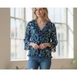 Notations Crinkle Blouse Bell Sleeve Button Down Asymmetrical Hem Ruffles  PXL Photo 1