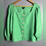 J.Crew 100% Linen Blouse Square Neck Balloon Sleeve Button Front Green Size XL Photo 0