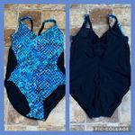 Aqua Green  Swimsuit Blue Green & Black High Thigh High Back Shoulder Strap M Photo 1