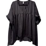 Glam Rolled Short Sleeve V Neck Satin Baby Doll Flowy Blouse Black Size Large Photo 0