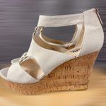 Karl Lagerfeld Sylvie Beige Canvas Cork Wedge Sandals 8M Gold Zip Back Photo 0