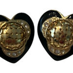 Whiting & Davis Vintage rare black & gold mesh heart shaped pierced earrings EVC Photo 0