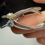 Vintage Double Wishbone Brooch Pin Silver Tone Blue Rhinestone Faux Pearl Lucky Photo 2