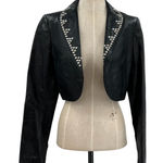 Cache  Vintage Leather Jacket Cropped Studded‎ Rhinestones Black Size Medium Photo 0