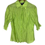 Worth Blouse Top Medium Green Silk Blend Crinkle Button Up 3/4 Scrunch Sleeve M Photo 0