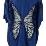 Free People  X Tricia Fix Oversized Boxy Cutout Sheer Butterfly Tee Navy Large Photo 3