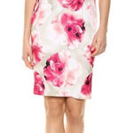 Calvin Klein Cream & Pink Floral V-Neck A-Line Sheath Dress Formal 2 Petite Photo 0