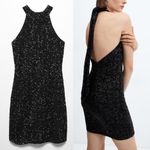 Mango NWT Mng Sequin High Neck Halter Tie Open Back Mini Dress Formal Black 8 Photo 3
