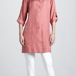 Eileen Fisher - Ballet Neck Coral Shirt Dress Sandwash Silk Twill Roll Up Sleeve Photo 0