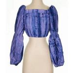 CHOOSY Dharma Crop Top Blue Tie Dye LINEN Poet/Bishop Sleeve Off Shoulder XS Photo 0