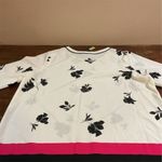 Investments  XL Blouse Ivory Black Floral 3/4 Sleeve Round Neck Stripe Hem​​​ Photo 3