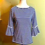 sara campbell blue white striped 3/4 pleated bell sleeve top Size M Photo 0