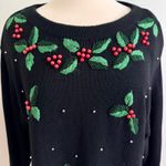 Christmas Holly Berry Beaded Holiday Sweater Size Lg Embroidered Knit Black Photo 3
