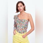 ZARA Floral Print Puff One Shoulder Ruching Sleeve Cotton Top Shirt Size XS Photo 2