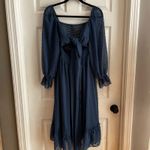 Navy Blue Swiss Dot Midi Dress Tie Back Square Neck Long Sleeve Ruffle Hem 0 Photo 2