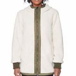 1 Madison  Ladies' Cream & Olive Khaki Trim Sherpa Fuzzy Hooded Full Zip Jacket Photo 0
