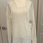 Nicole Miller Artelier ‎ White Open Knit Hoodie Sweater Swimsuit Cover Up L Photo 0