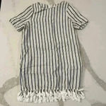 Ellison Linen Blue/White Dress Tassel Fringe Trim Women's Large Pockets Zipper Photo 0