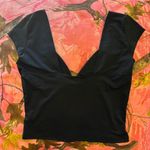 black v neck short sleeve crop top blouse shirt  Photo 5