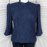 Vintage Pierre Labiche Plisse Satin Scrunch Pleated Puff Sleeve Blouse Blue 16 Blue Photo 0