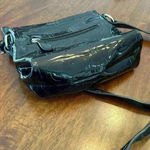 Liz Claiborne  Black Faux Patent Leather Crossbody Purse Shoulder Bag Glossy Logo Photo 5