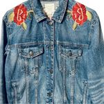 American Eagle AE Oversized Denim Jacket with Large Red Floral Embroidery Size M Photo 1