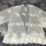 Torrid  Kimono Sz 1-2 Ivory Floral Delicate Boho Embellished Fringe Mesh Cover Up Photo 0