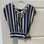 H&M BCX Blue and White Cap Sleeve Tie Front Crop Blouse Photo 2